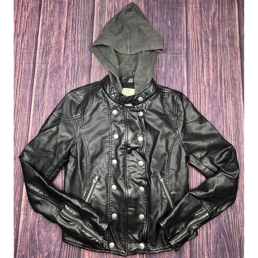We The Free Jacket S Black Vegan Leather Moto Hooded Edgy Biker Double Breasted
